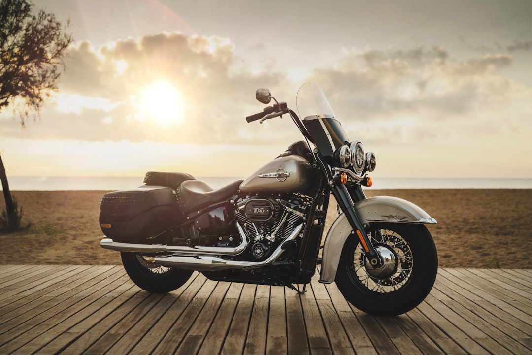 black-and-gray-touring-motorcycle-on-wooden-dock-near-brown-field-under-gray-and-orange-skies-mvx3y17umae